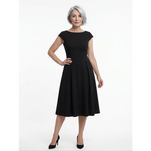Anne Klein Black Boatneck Cap Sleeve Full-Skirt Midi Dress Size 12